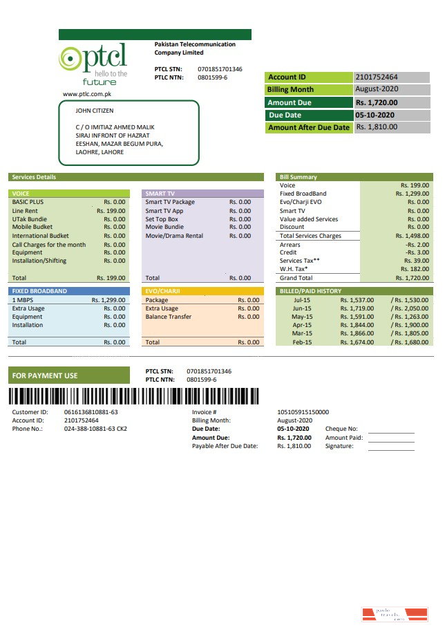 Pakistan PTCL utility bill template in Word and PDF format